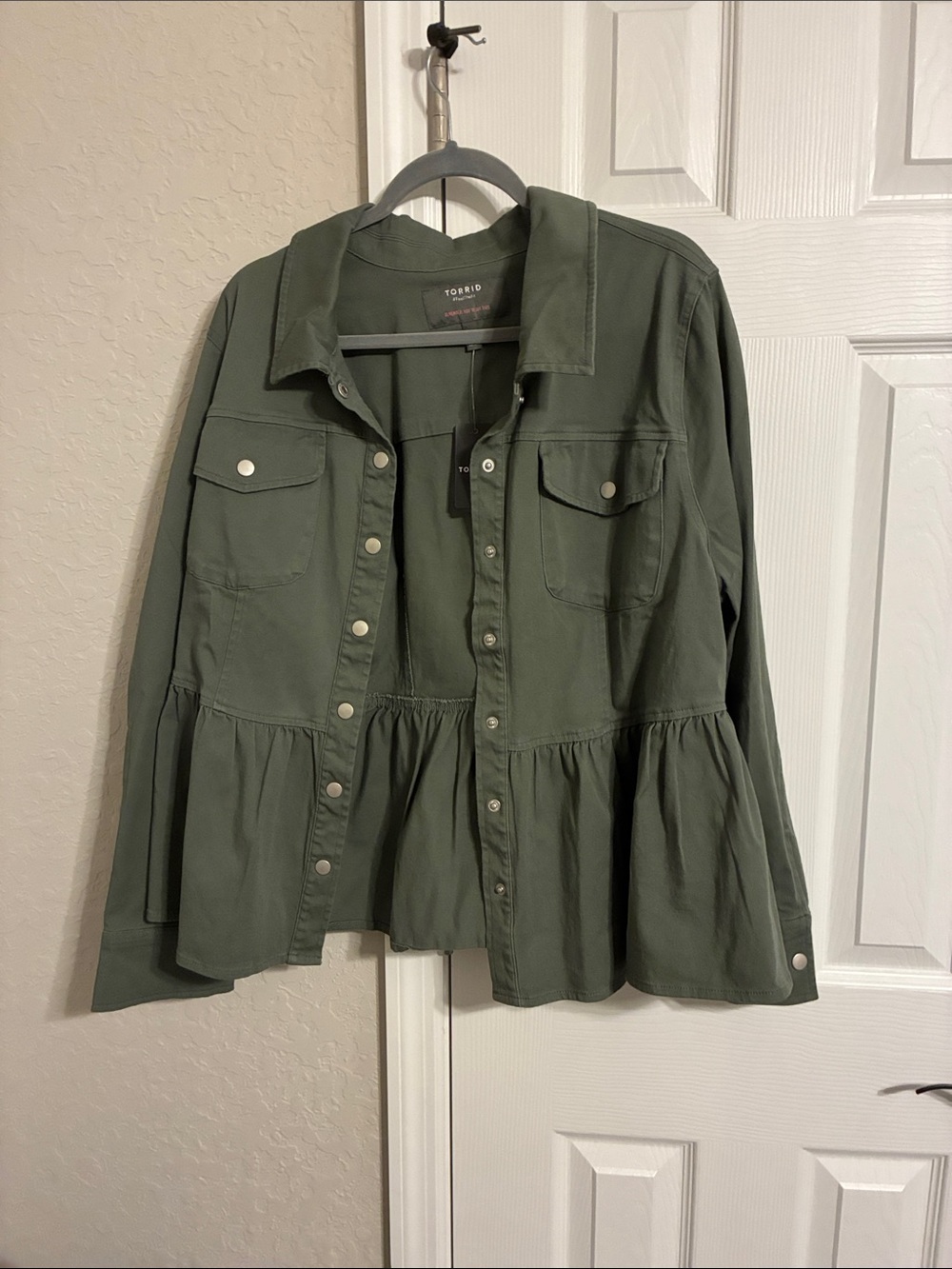torrid Olive Peplum Utility Jacket with Snap Front